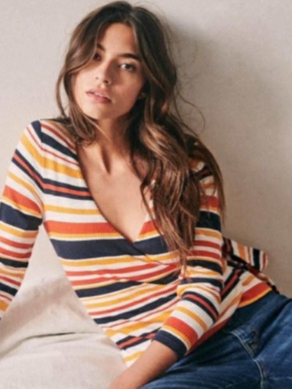 Sezane Adela Wrap Blouse Multi Striped Long Sleeve Top